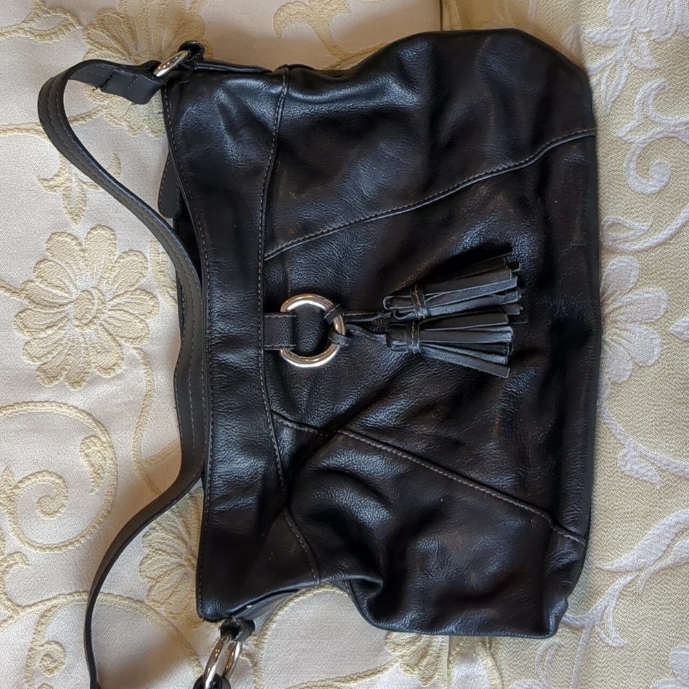 Black Leather women's handbag with tassels